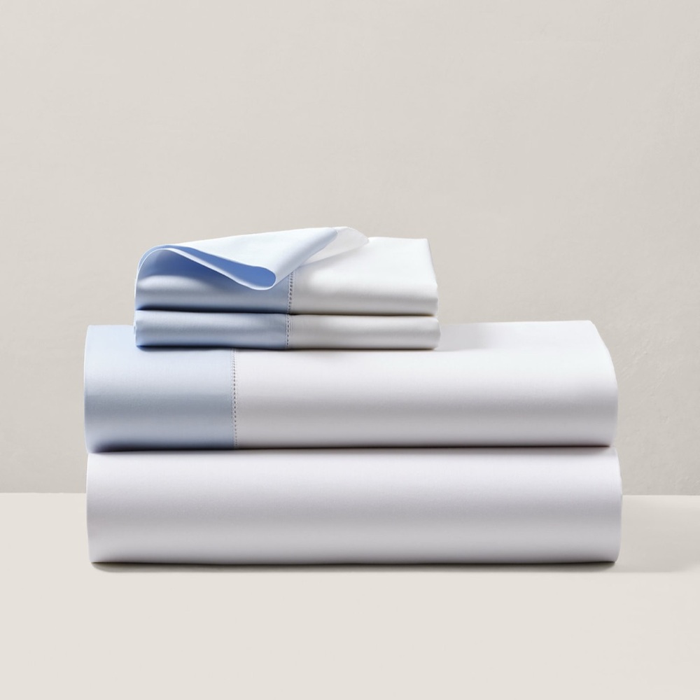 Ralph Lauren RL Organic Sateen Border King Flat Sheet Blue NWT $215